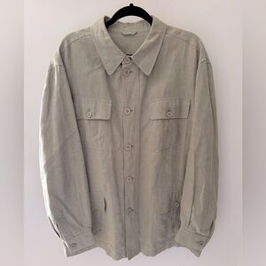 Vintage MORRIS 1973 Mens Olive 100% Linen Utility Button Down Shirt Jacket Sz 52